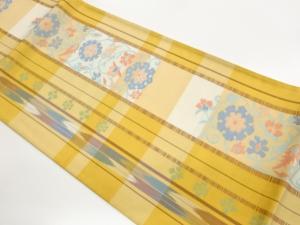 縞に花唐草・花菱・抽象矢絣模様織出し洒落袋帯